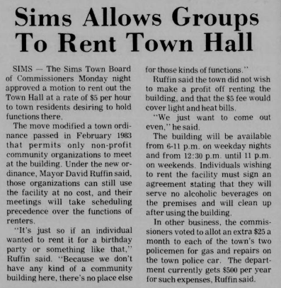 1996 Newspaper Clipping "Sims Allows Groups to Rent Town Hall"