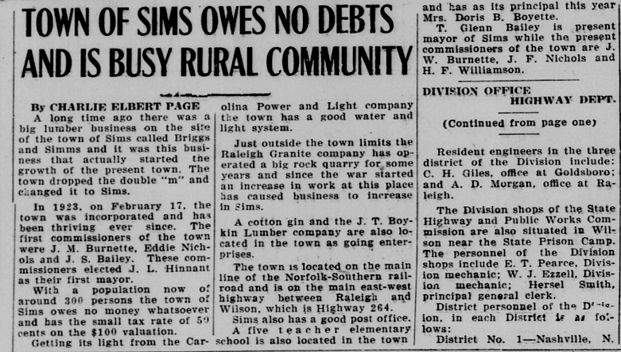 1943 "Town of Sims owes no debts and is a busy rural community"